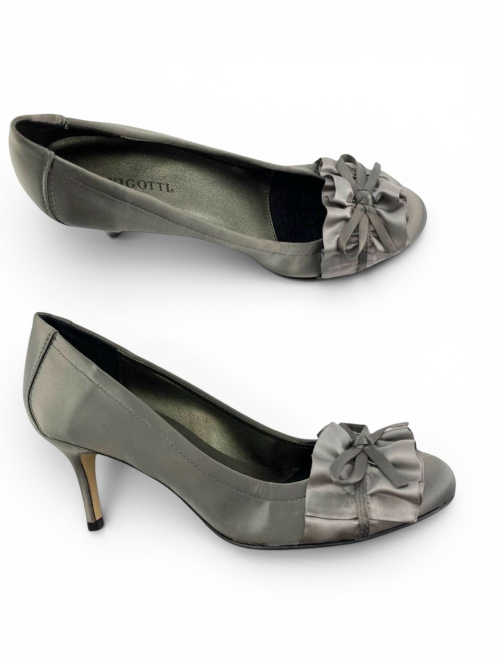 Vigotti Ulinda Pewter Patent Satin Bow Heels Pumps 6N
